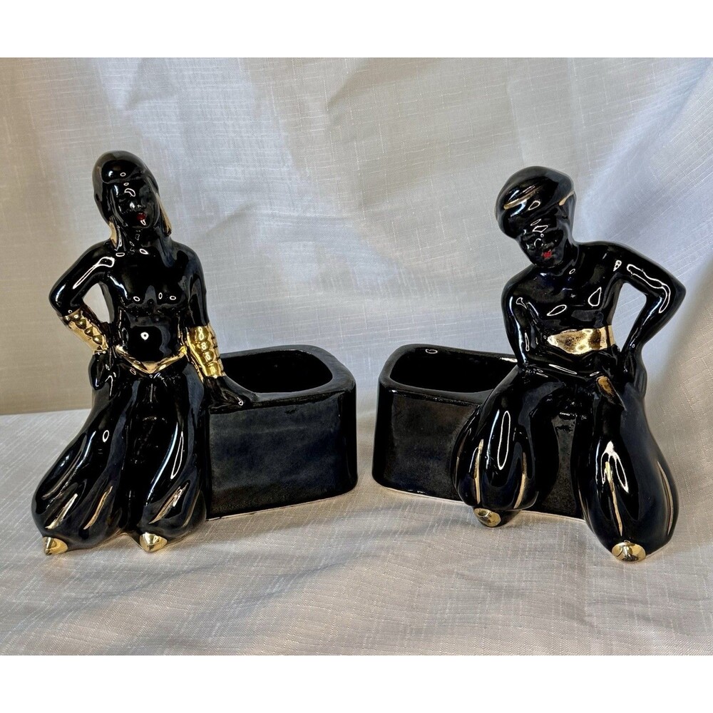 Vintage MCM Ceramic Planters Ebony & 24k Gold Set of 2 Arabian Nights Decor